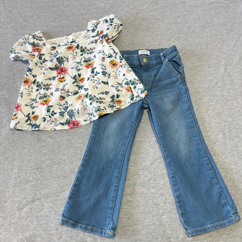 Janie and Jack Outfit Floral T Shirt Flare Light Wash Jeans Size 4